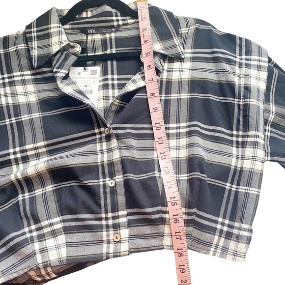 NWT Zara Cropped Plaid Flannel Shirt Crop Top Oversized Button Up Long Sleeve L - Picture 13 of 13